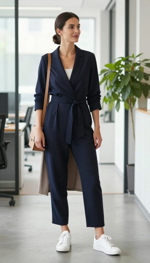 10. Jumpsuit + Cardigan + White Sneakers