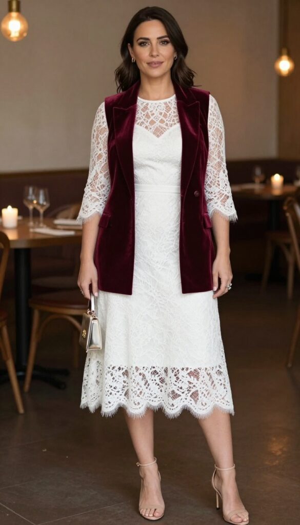 Woman in lace wedding dress with velvet blazer and strappy heels for anniversary dinner