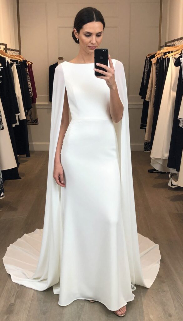 Bride in white wedding dress with wide angel sleeves and long royal train, standing in a formal ballroom with tall windows, low bun, minimal jewelry, warm elegant lighting.