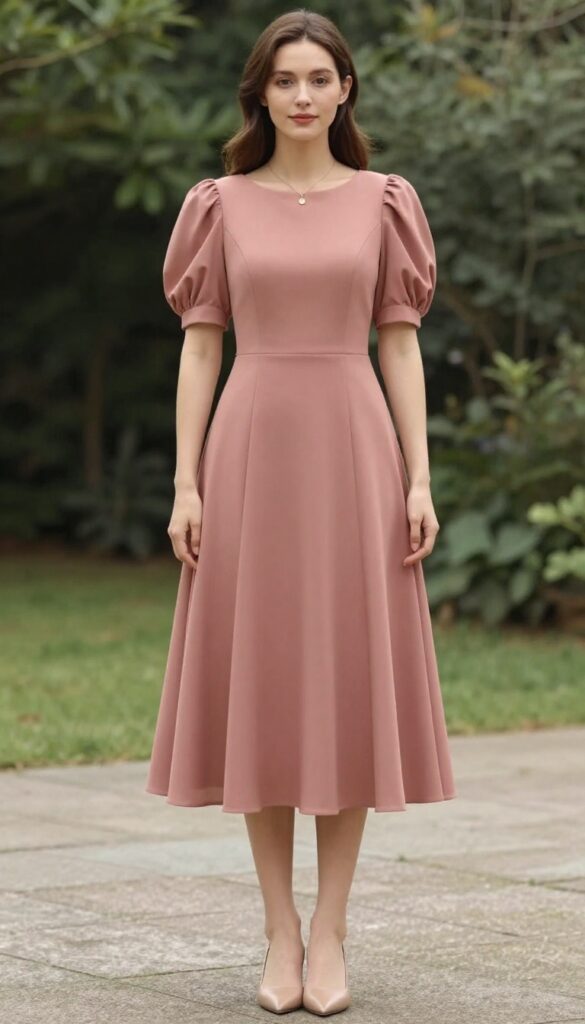 Adult woman with fair skin and light brown hair wearing a dusty rose boat neck wedding dress with puff sleeves, standing in a garden with soft lighting, wearing nude pumps and a gold pendant necklace.