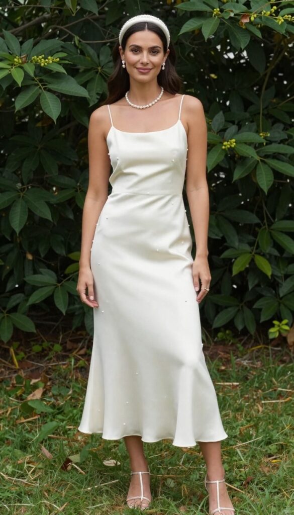 Woman in ivory satin drop-waist dress with satin headband, pearl necklace, and T-strap heels standing in sunlit garden