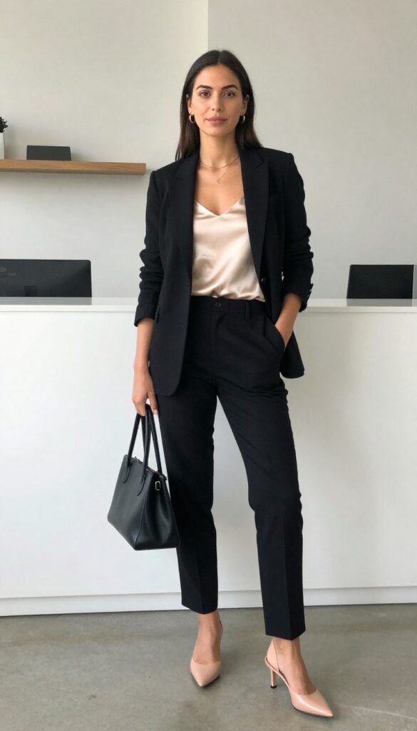 4. Silk Camisole + Black Pants + Blazer