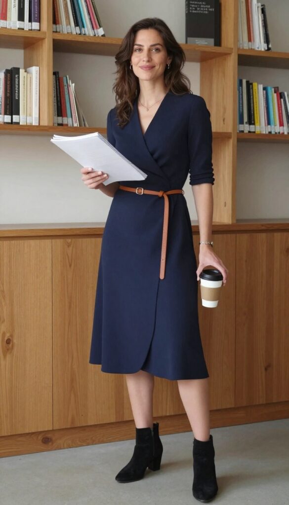 9. Wrap Dress + Belt + Ankle Boots