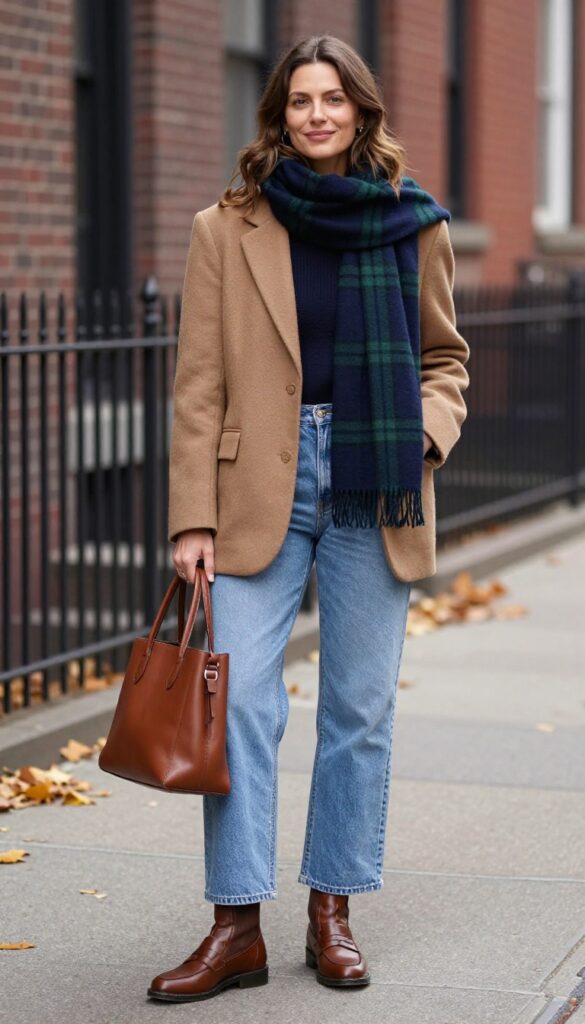 7. Blazer + Plaid Scarf + Wide-Leg Jeans + Loafers