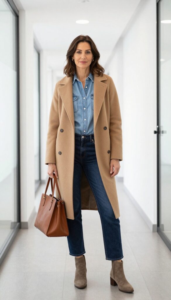 13. Denim on Denim with a Neutral Coat