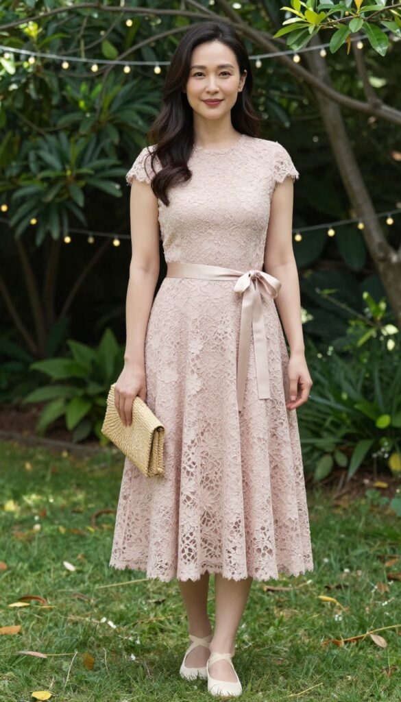 Woman in blush tea-length lace dress with ballet flats and ribbon belt at garden wedding