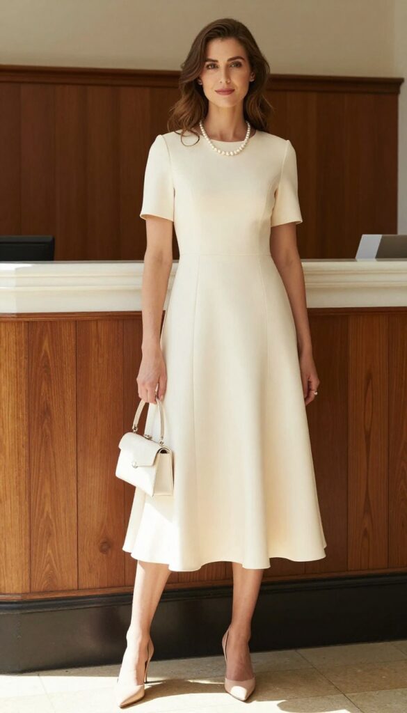 A woman in an ivory tea-length dress and kitten heels poses on courthouse steps for a relaxed wedding look.
