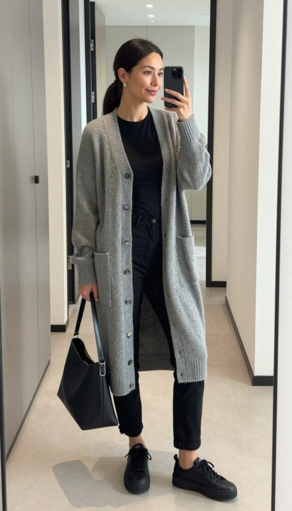 7. Grey Knit Cardigan + Black Mock Neck + Cargo Pants
