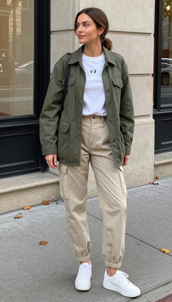 11. Utility Jacket, Graphic Tee, and Cargo Pants