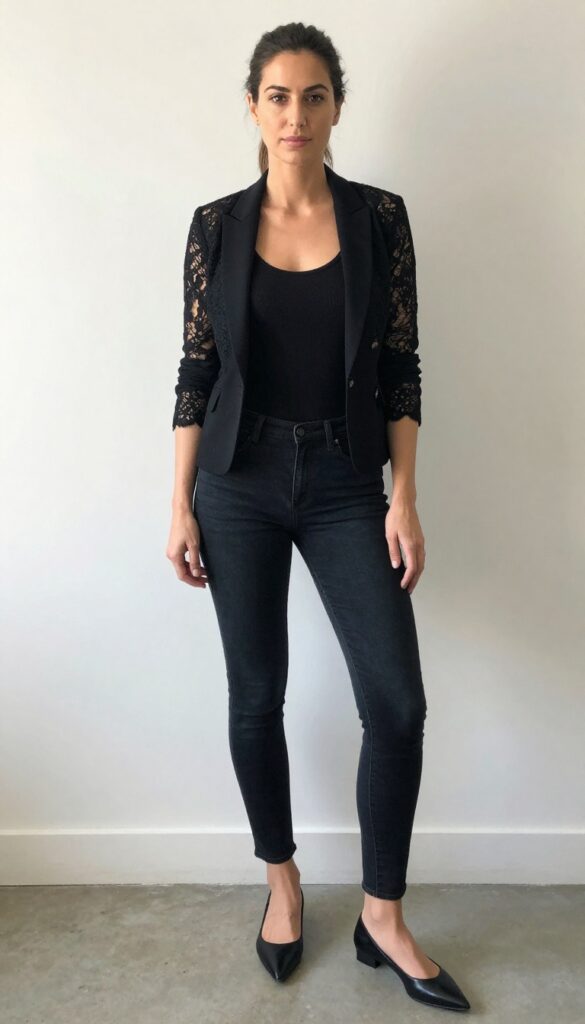 12. Dark Denim with a Lace-Trimmed Blazer