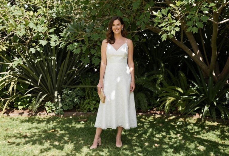 Woman in drop waist wedding dress with floral pattern in botanical garden