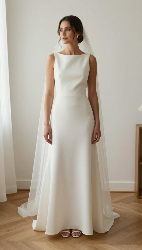 Woman in minimalist boatneck crepe wedding gown with veil and diamond studs, low bun, standing in bright natural light