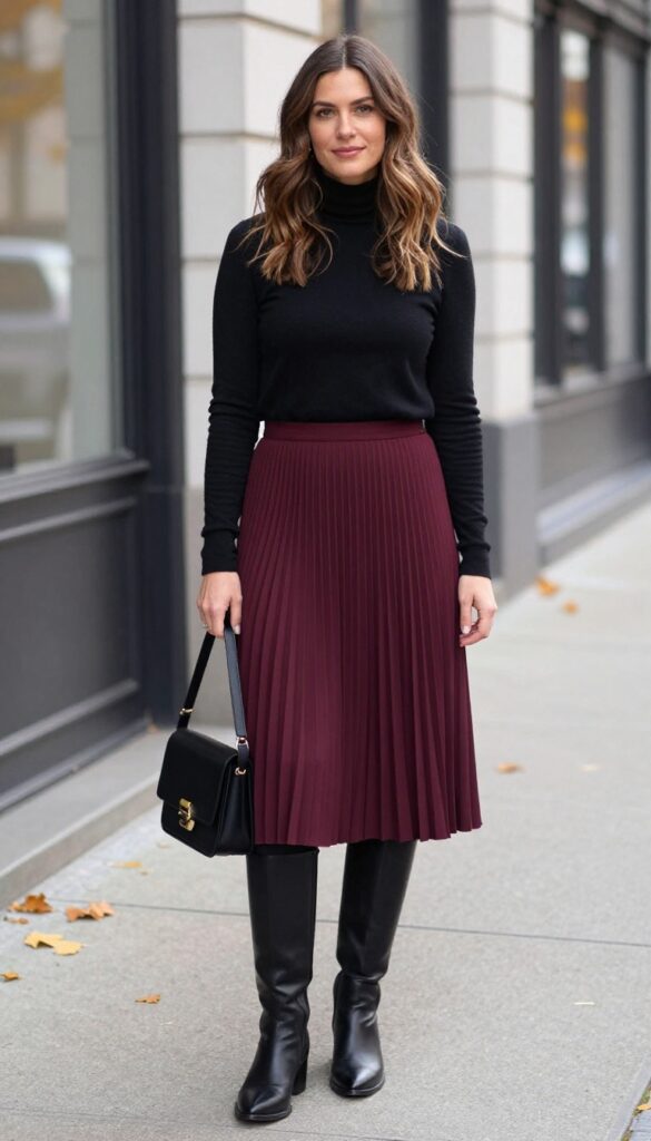 6. Burgundy Pleated Skirt + Turtleneck + Tights + Knee-High Boots