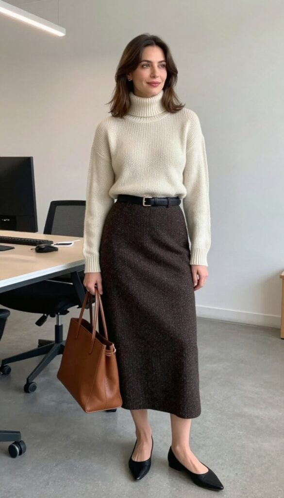3. Turtleneck Sweater with A-Line Skirt
