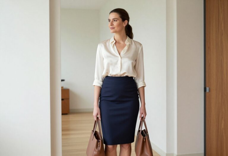 Woman in navy pencil skirt and cream silk blouse standing in office hallway