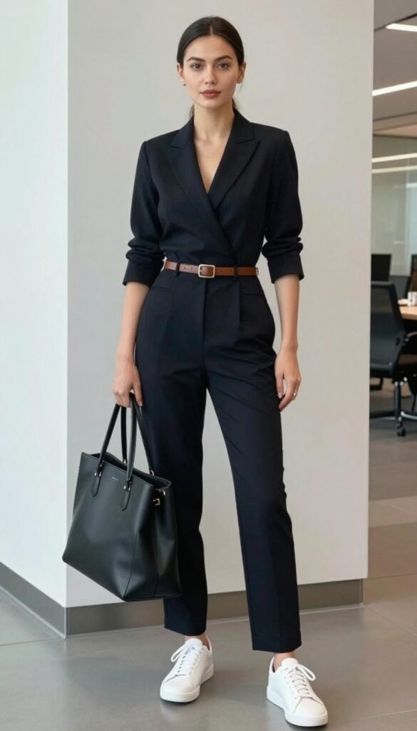 5. Black Jumpsuit + Belt + White Sneakers