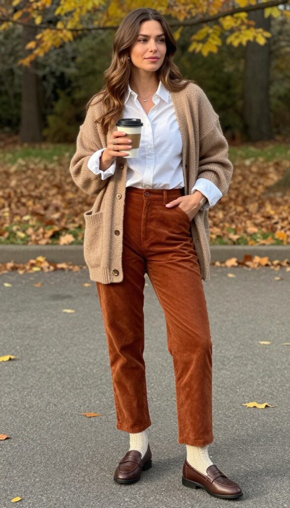 4. Oversized Cardigan + Button-Down + Corduroy Pants + Loafers