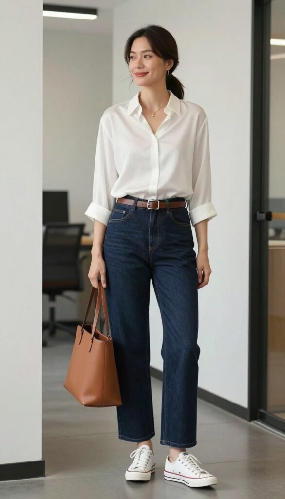 4. Wide-Leg Jeans + Blouse + Low-Top Sneakers