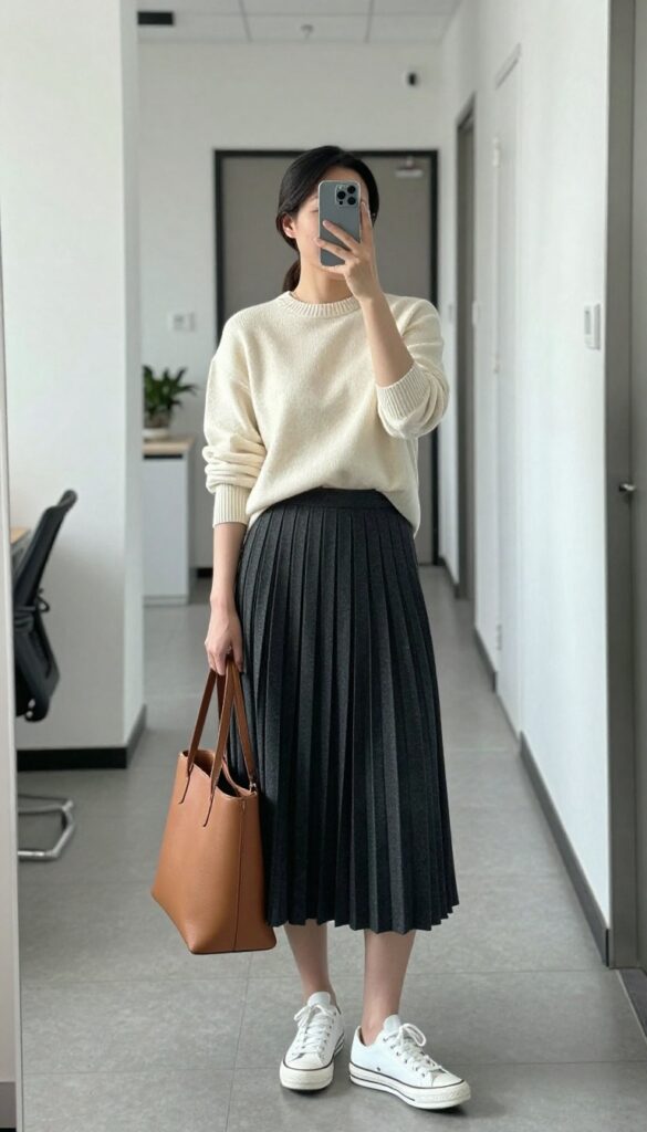 11. Pleated Skirt + Sweater + High-Top Sneakers