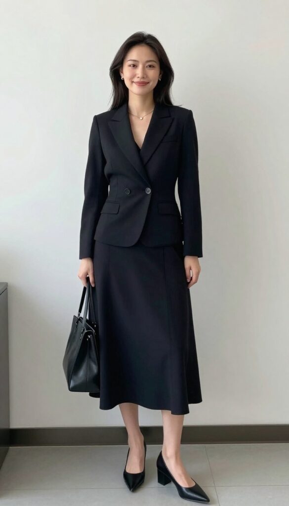 2. Black Midi Dress + Structured Blazer + Block Heels