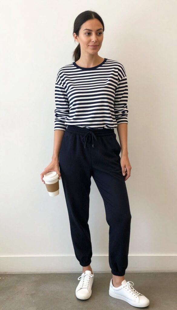 3. Striped Long-Sleeve Tee with Black Joggers and White Sneakers