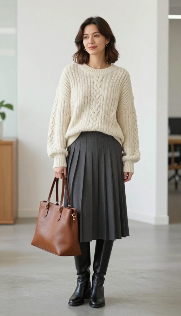 7. Pleated Midi Skirt With a Chunky Sweater and Knee-High Boots