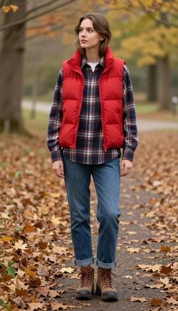 13. Puffer Vest with a Flannel and Straight-Leg Jeans