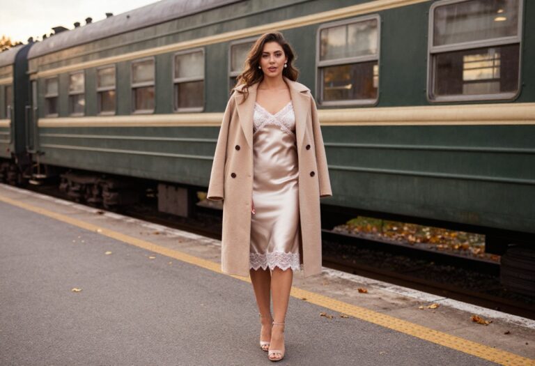 Woman in silk wedding dress on train platform in autumn