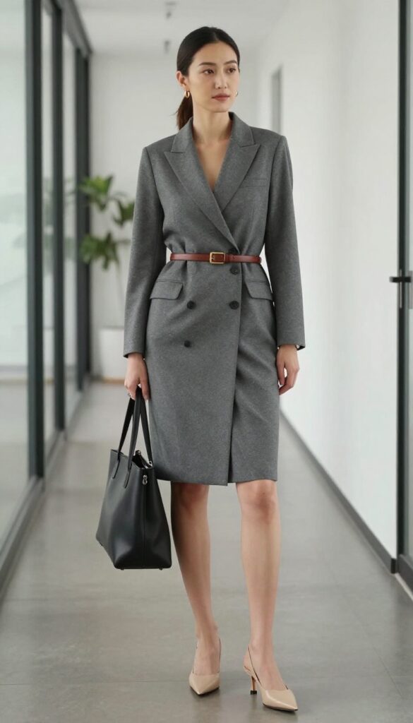14. Blazer Dress + Belt + Heeled Mules