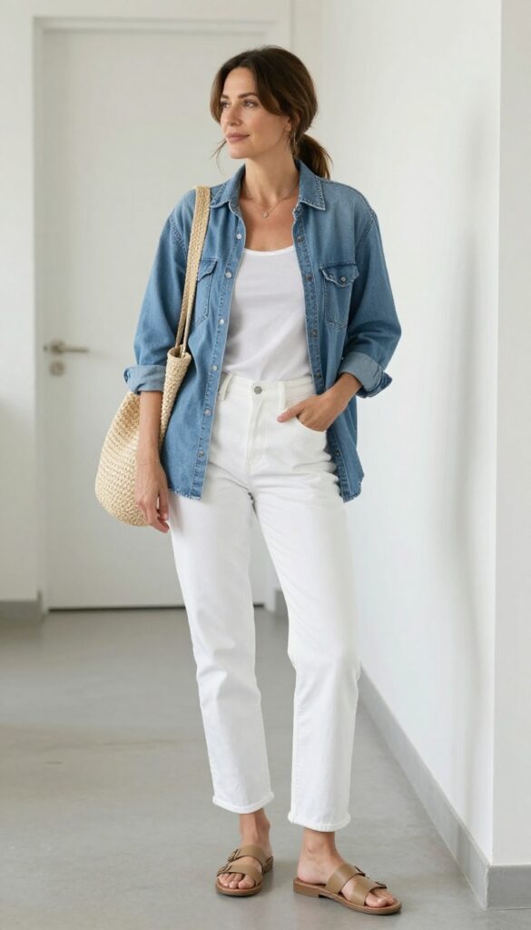 10. Denim Shirt + White Jeans + Tan Sandals