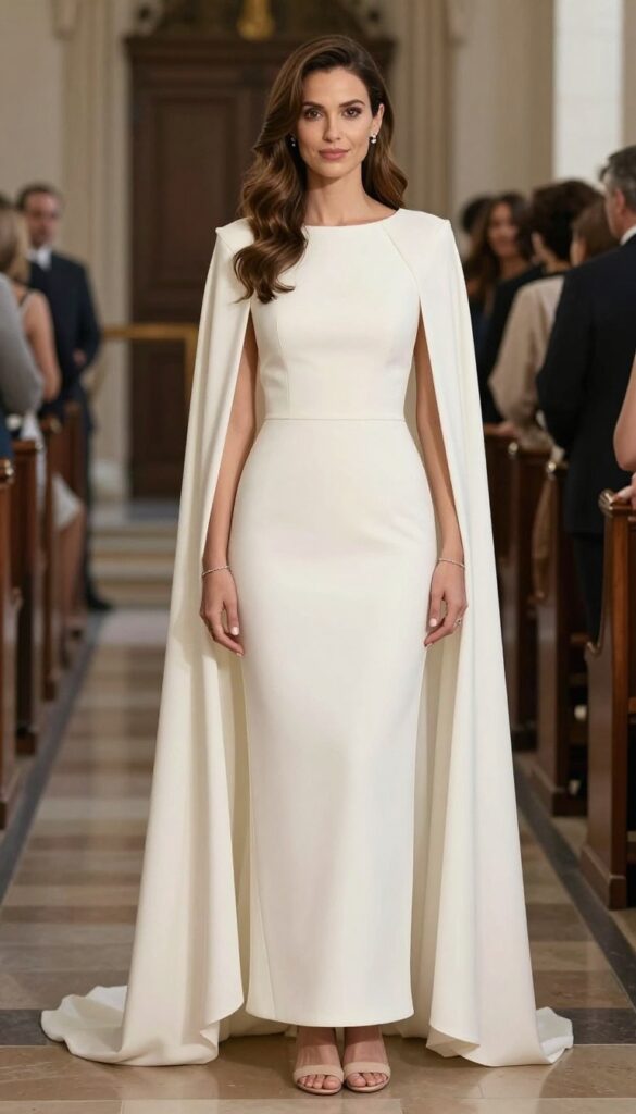 Bride in ivory sheath gown with flowing cape, looking back over shoulder in church aisle.