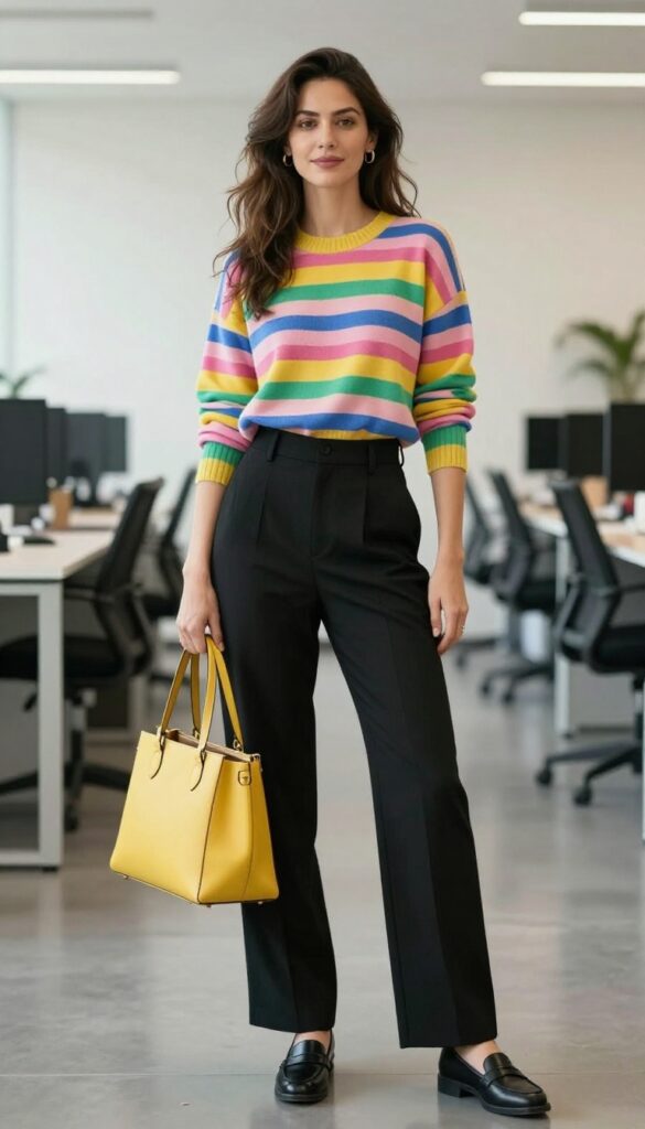 12. Multicolor Striped Sweater + Black Pants