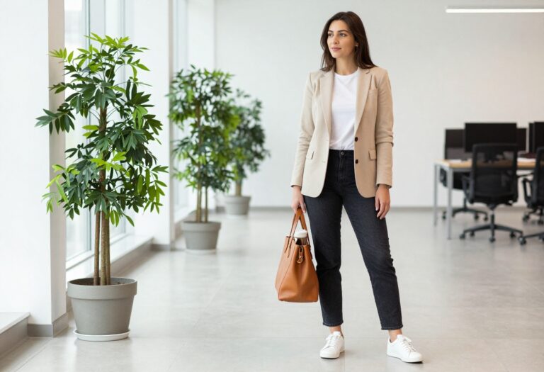 Woman in beige blazer, white tee, dark jeans, and sneakers standing in a modern office hallway