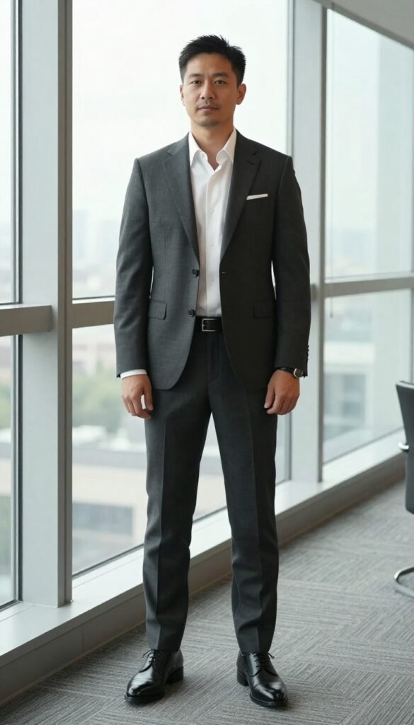 8. Three-Piece Suit in Charcoal with a Patterned Vest