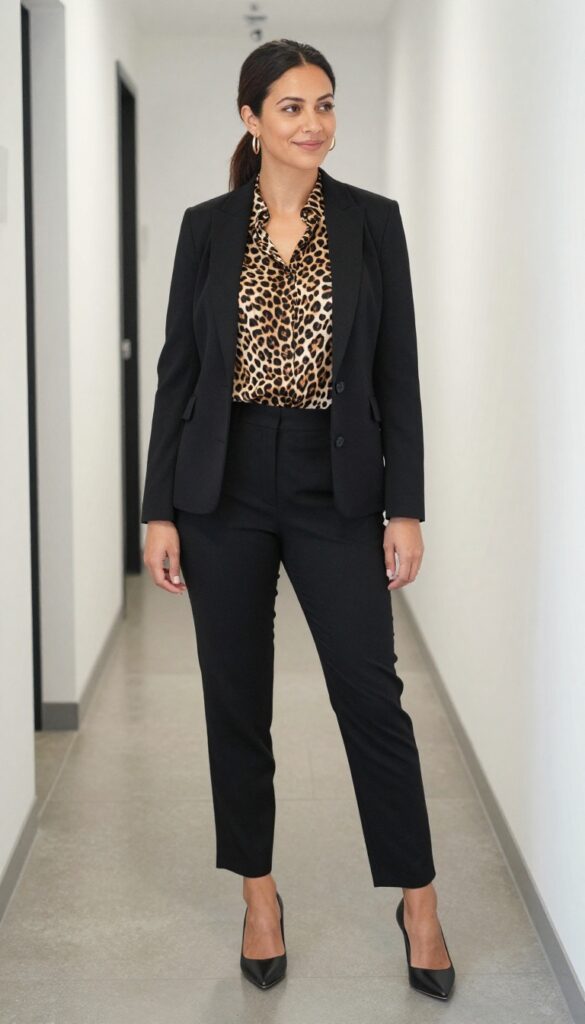 10. Black Pants + Leopard Print Top + Black Blazer