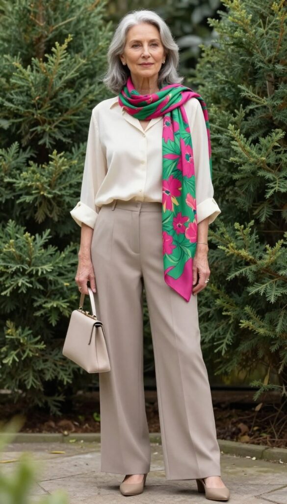 Older woman with silver hair wearing cream silk blouse, taupe wide-leg trousers, and fuchsia floral scarf in garden setting.