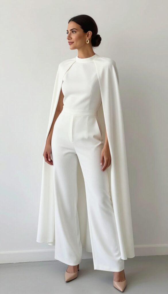 Modern bride in white jumpsuit with cape, gold earrings, and nude heels, standing in a bright room.