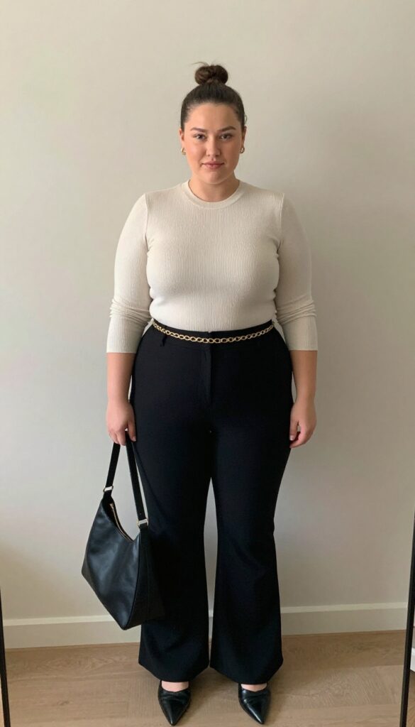 4. Black Tailored Trousers and a Cream Ribbed Knit