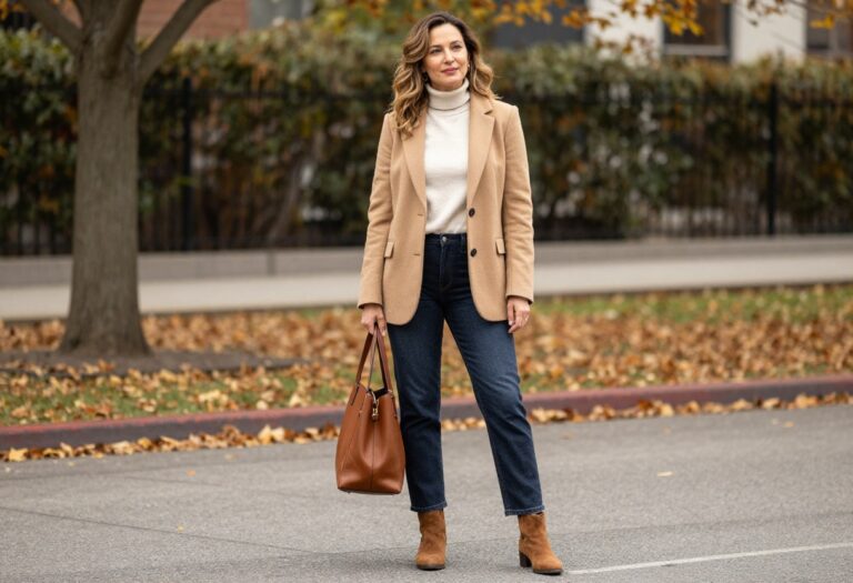 Woman in camel blazer, turtleneck, dark jeans, and ankle boots for fall business casual outfit