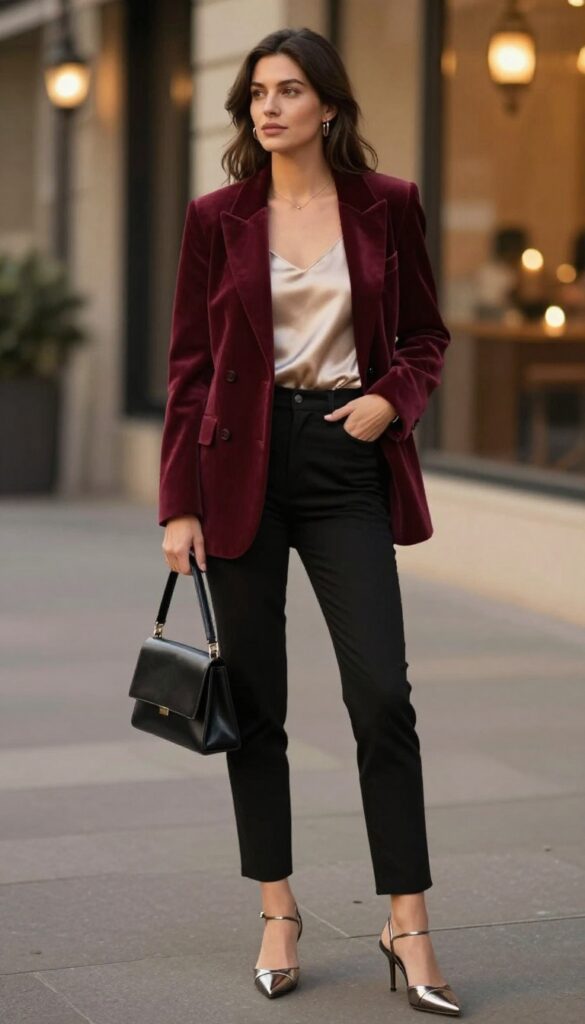 8. Velvet Blazer with Silk Camisole