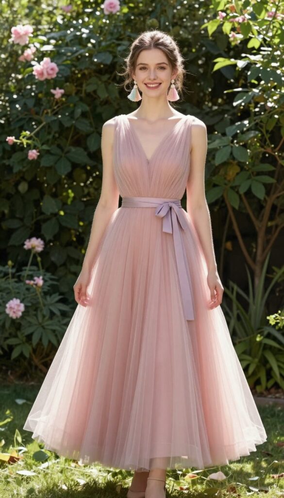Young woman in pink rose gold tulle wedding dress with lavender sash and pastel tassel earrings, standing in sunlit garden