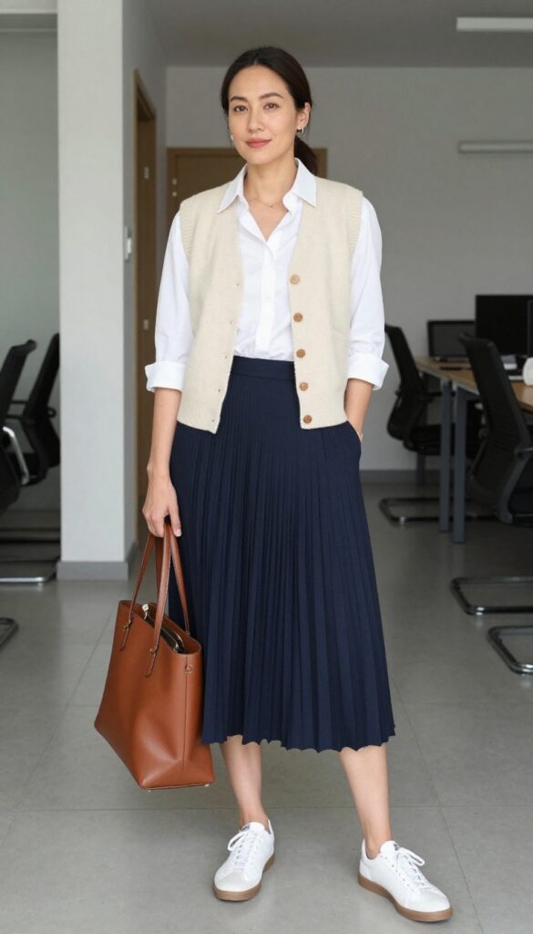 13. Pleated Skirt + Sweater Vest + Clean Sneakers