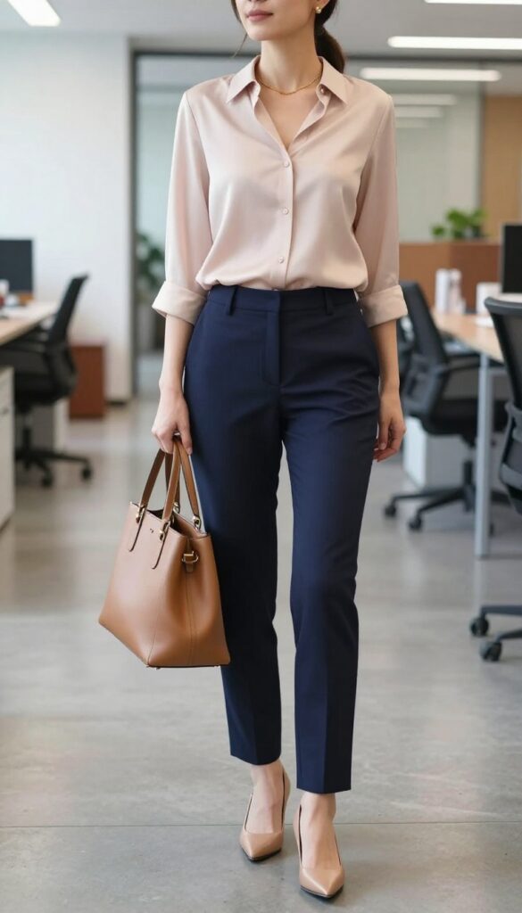 2. Silk Blouse with Tailored Pants