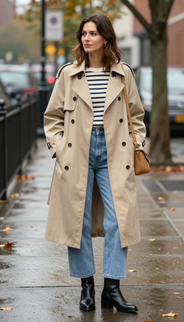 1. Classic Trench with Wide-Leg Jeans and Ankle Boots