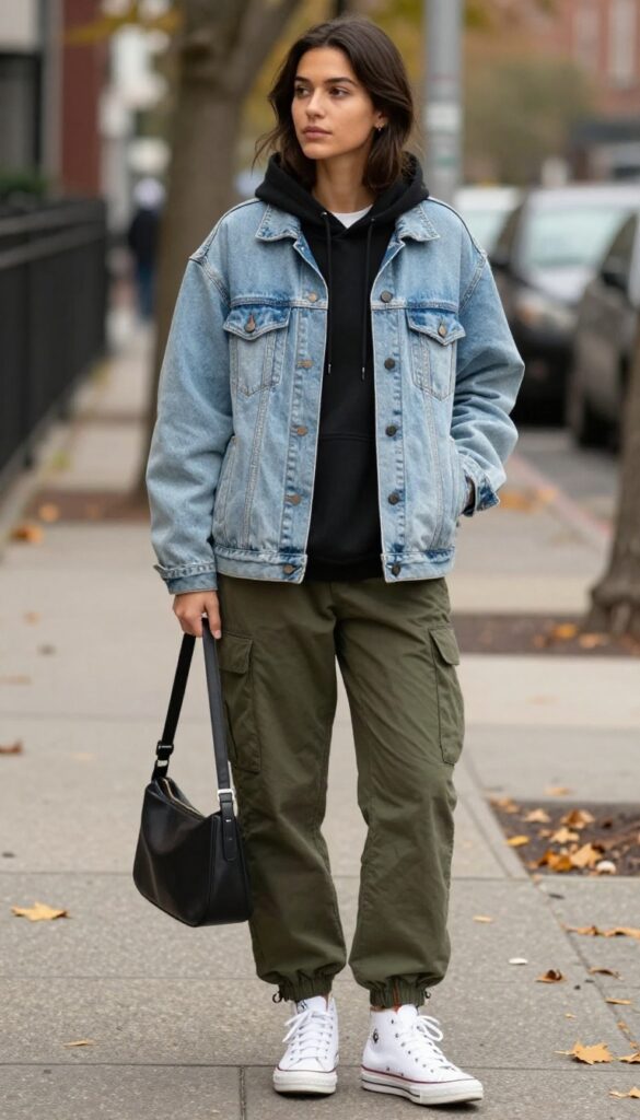 4. Denim Jacket + Hoodie + Cargo Pants + High-Top Sneakers