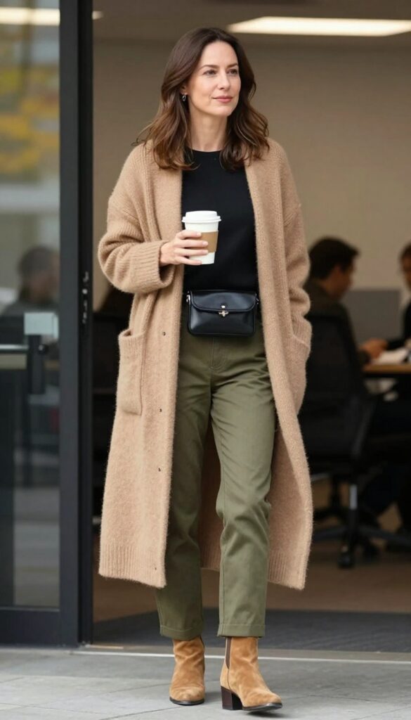 9. Cardigan as a Top with Trousers and a Belt Bag