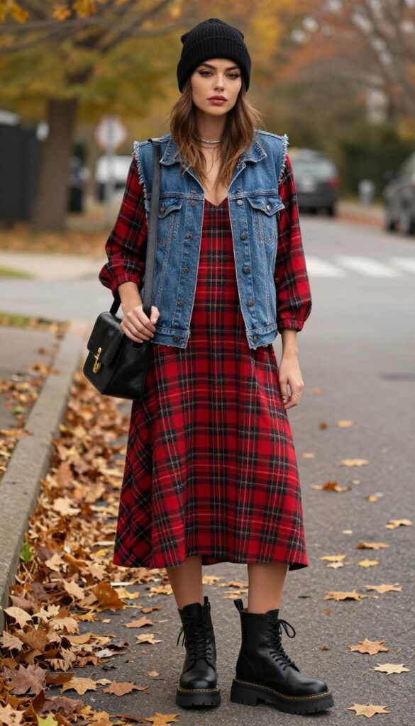 6. Plaid Dress with Denim Vest and Combat Boots