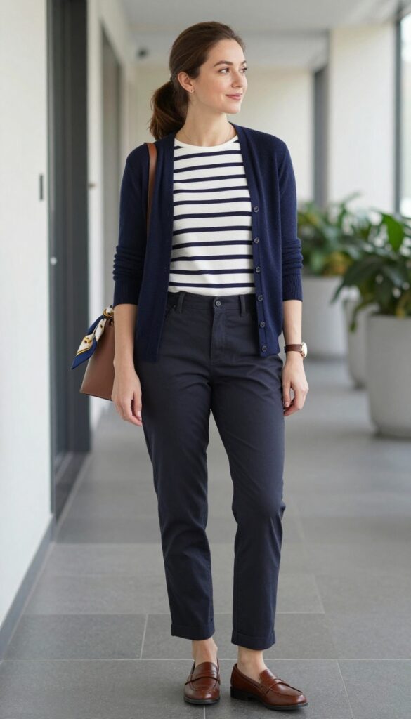 7. Cardigan Over a Striped Breton Top