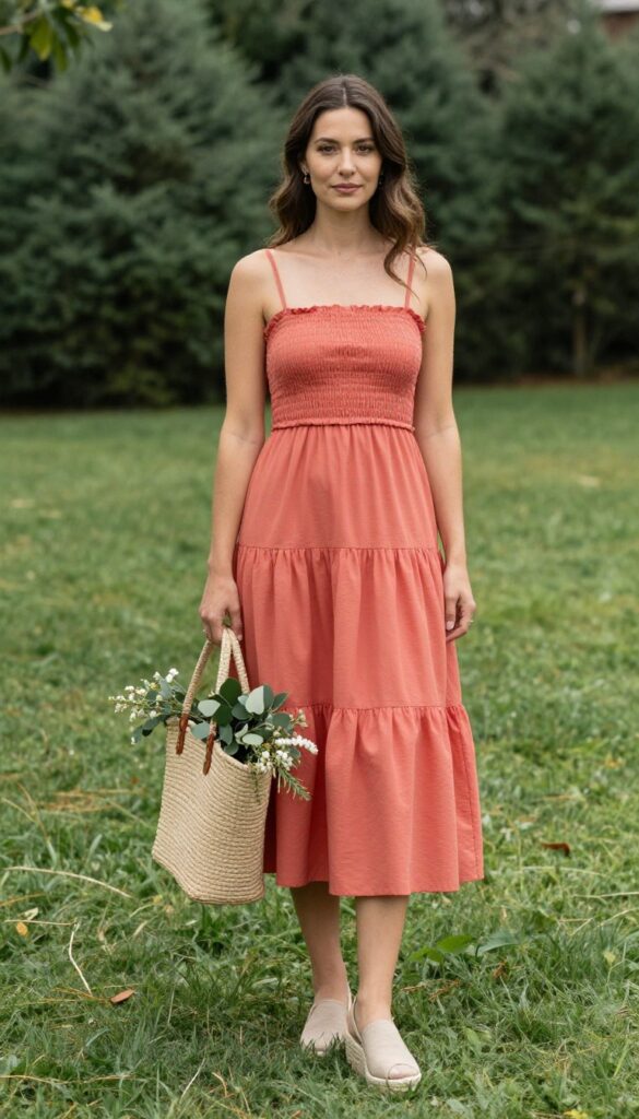 Coral tiered smocked midi dress with espadrille wedges and woven tote at backyard wedding
