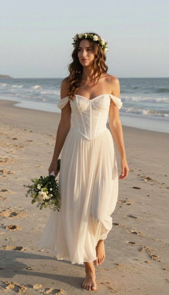 Woman in white off-the-shoulder corset with floral embroidery and flowy chiffon skirt at beach wedding